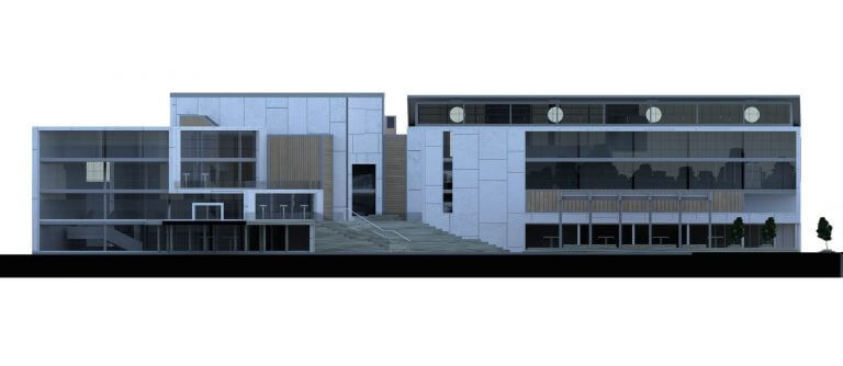 A render showing the side view of an office complex of three connected buildings with four floors, with sections cut through to show the interior.