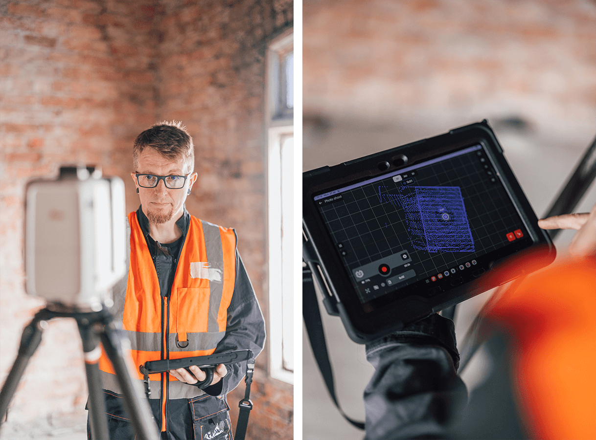 Two images side by side. The image on the left is of a man dressed in workwear and a high vis jacket, he's looking at a LiDAR scanner. On the right, there is a tablet screen showing the LiDAR scanner at work.